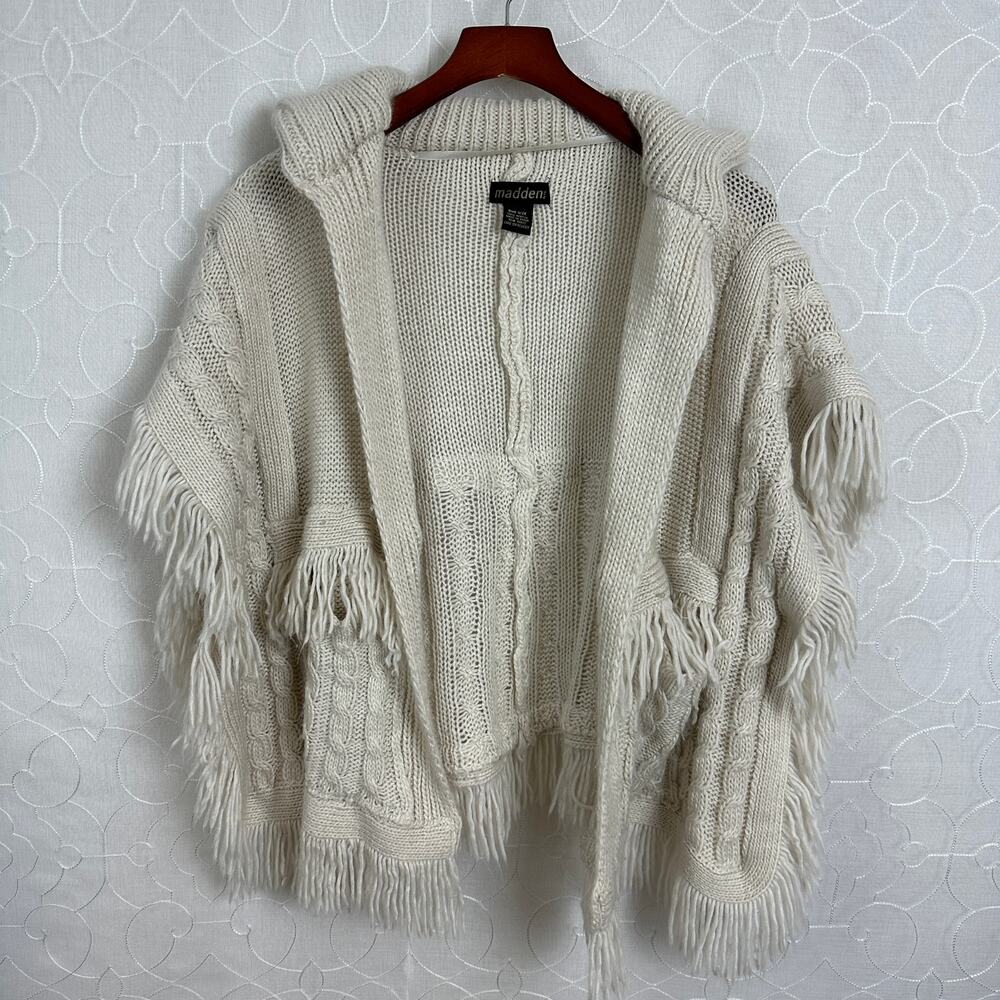 Madden NYC Womens Ruana Sweater OS Cream Open Front Fringe Cable Knit Poncho